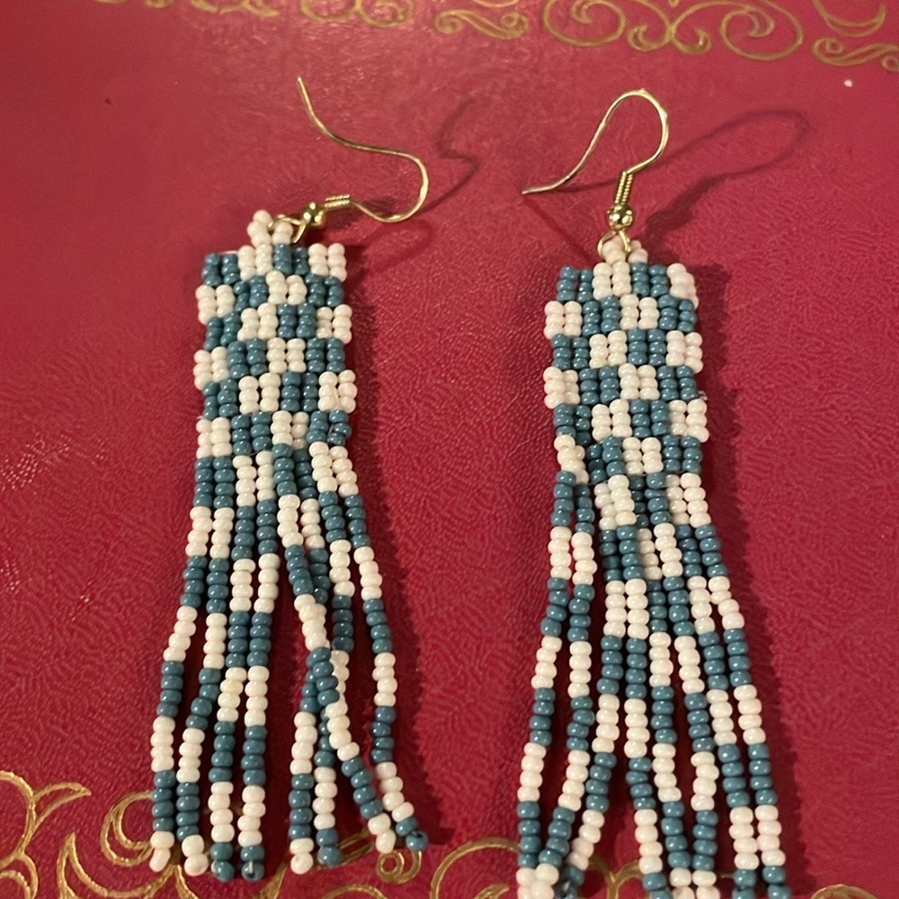 Chic Beaded Fringe Earrings in Blue and White